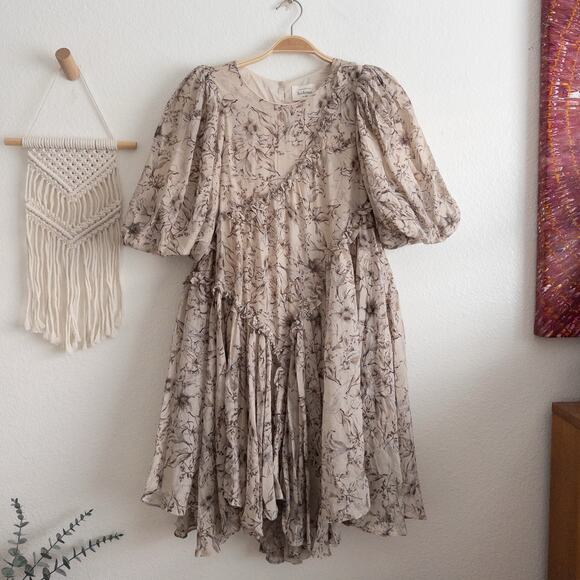 Bohme Floral Puff Sleeves Ruffle Dress Size Small Beige - Picture 1 of 9